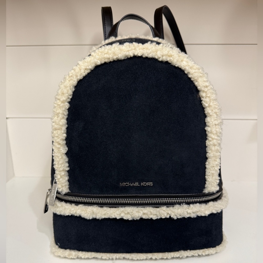 Michael Kors Rhea Medium Suede Leather and Faux Shearling Backpack in Black - Picture 4 of 12